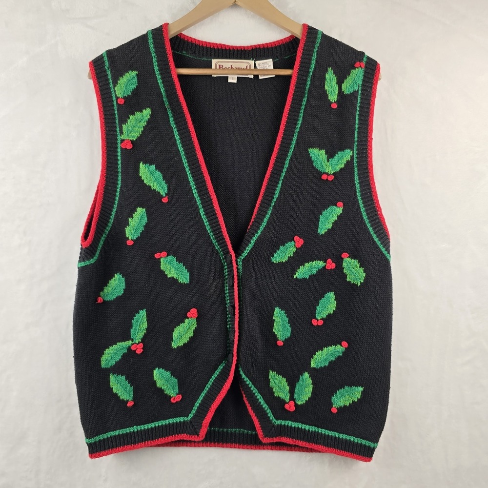 Vintage Bechamel Christmas Holiday Holly Berry Knit Vest Red Green‎ LARGE